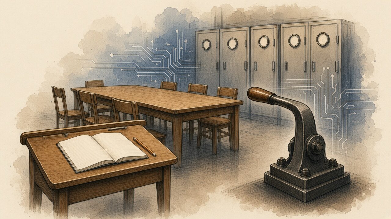 Croquis encre et aquarelle : table vide, pupitre d’écolier et levier face à une rangée de serveurs