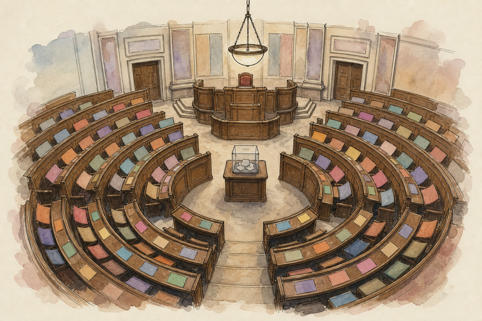 Croquis encre et aquarelle : hémicycle de bancs garnis de bulletins colorés, urne au centre