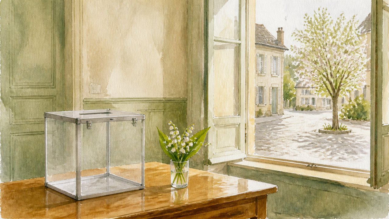 Aquarelle d'une urne transparente vide posée sur une table en bois dans une salle de mairie, à côté d'un verre de muguet, avec par la fenêtre une rue pavée déserte et un arbre en fleurs, dans une lumière de printemps.