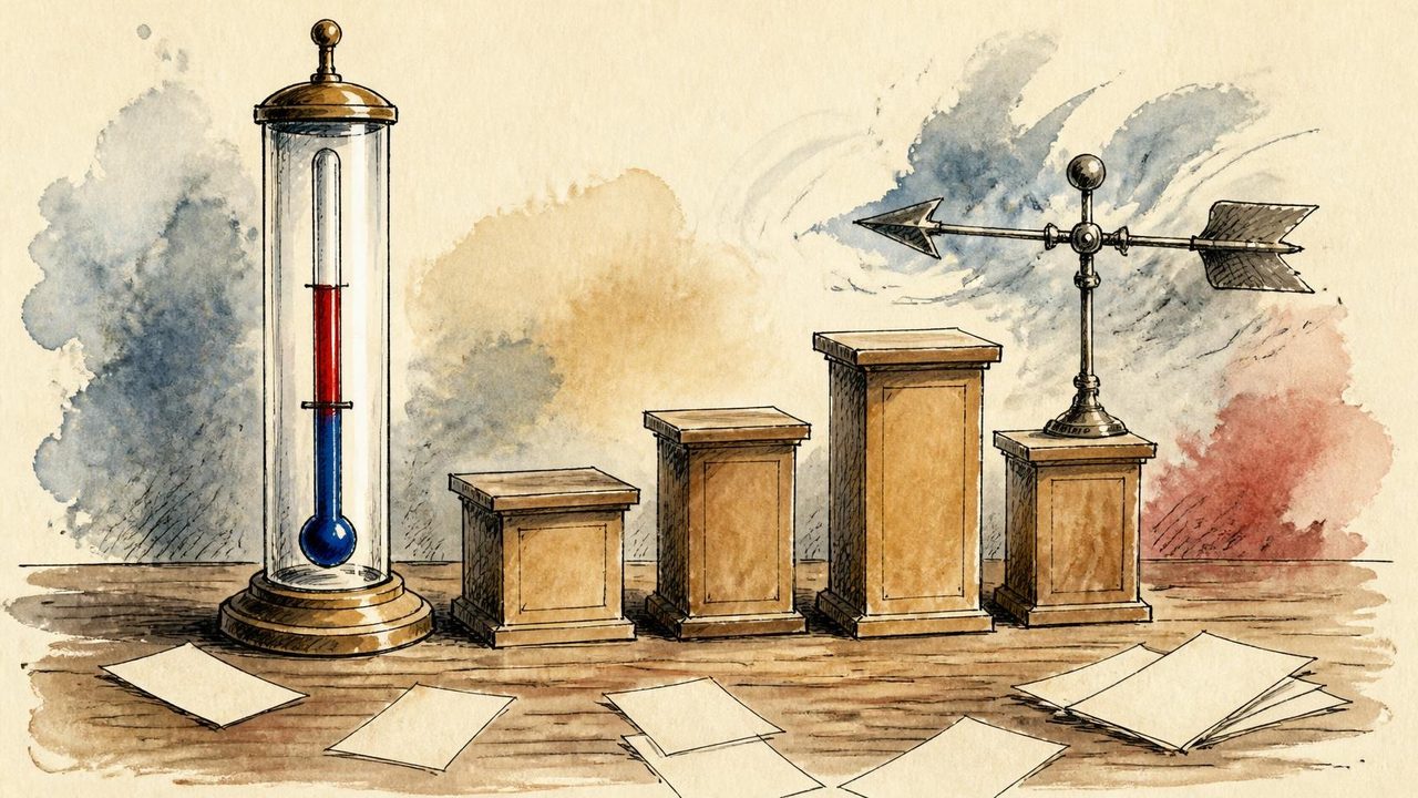Illustration à l’encre et à l’aquarelle : un thermomètre sous cloche de verre, quatre socles en bois de hauteurs différentes, une girouette et des feuillets blancs épars sur une table.