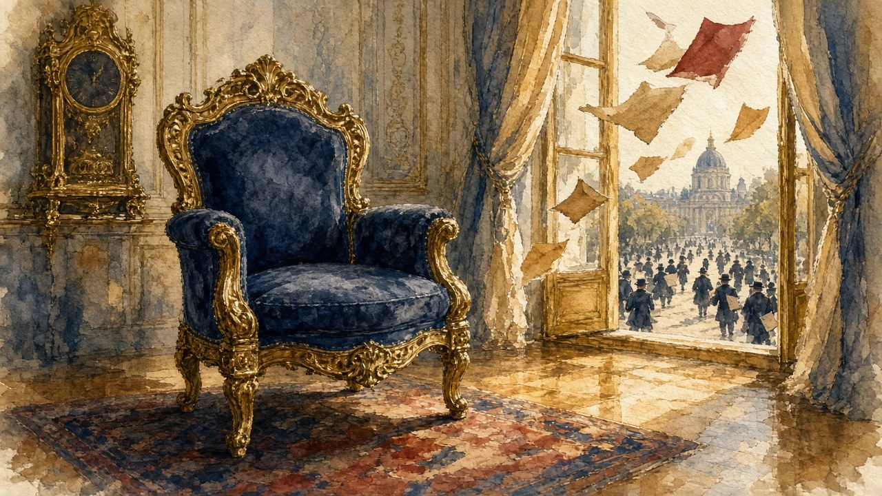 Un fauteuil présidentiel vide dans un salon doré, des pages de calendrier qui s'envolent par la fenêtre (aquarelle)