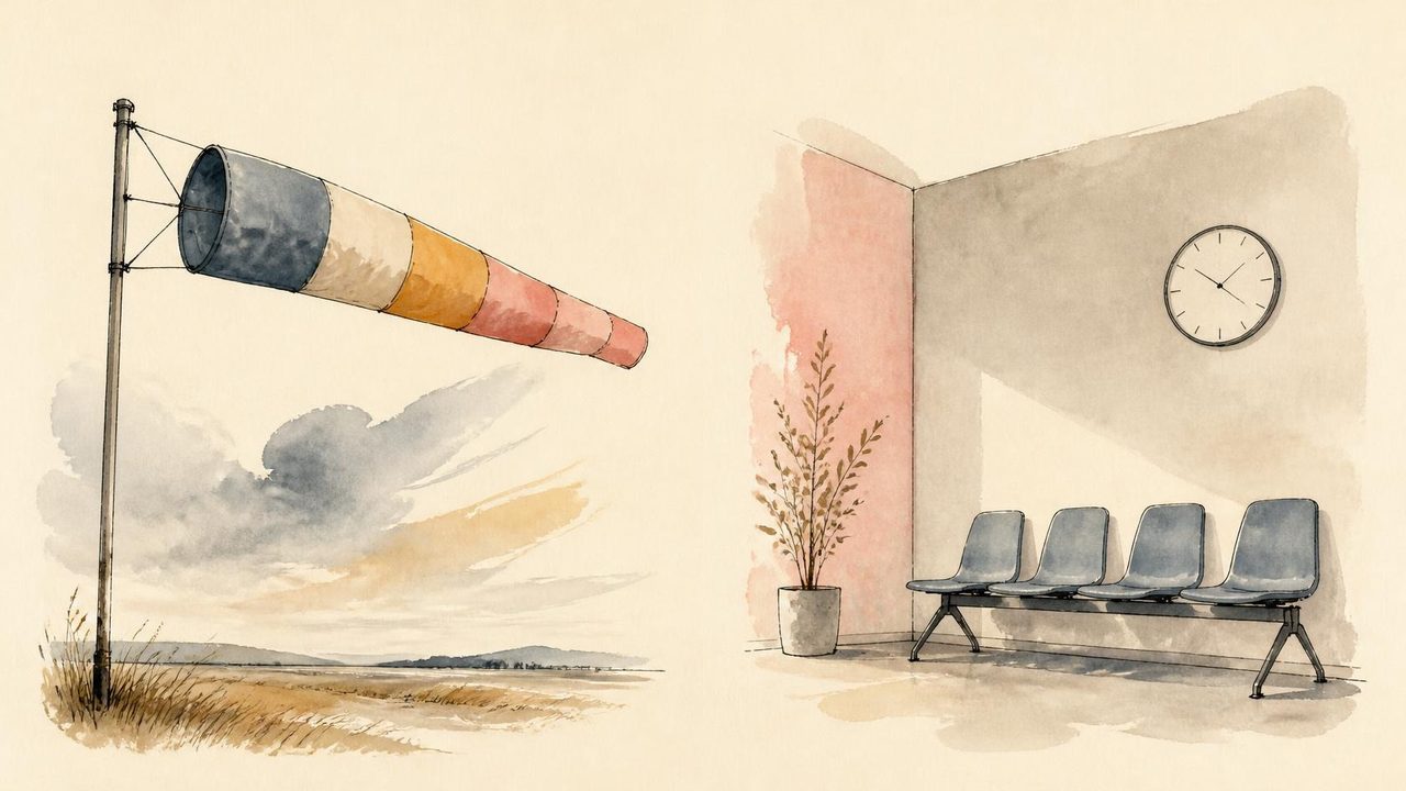 Illustration à l’encre et à l’aquarelle : à gauche, une manche à air gonflée par le vent au-dessus d’un champ ; à droite, une salle d’attente aux chaises vides sous une horloge.