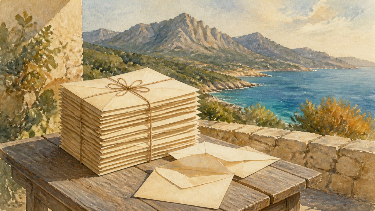 Aquarelle d'une pile d'enveloppes vierges ficelées sur une table en bois, sur une terrasse en pierre, face à une côte montagneuse méditerranéenne et à une mer turquoise, dans une lumière d'automne.