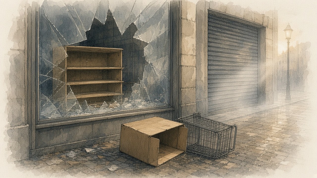 Aquarelle : au petit matin, une vitrine brisée sur des étagères vides, un carton d'électroménager renversé et un caddie abandonné sur le trottoir, devant un rideau de fer baissé. Aucun personnage.