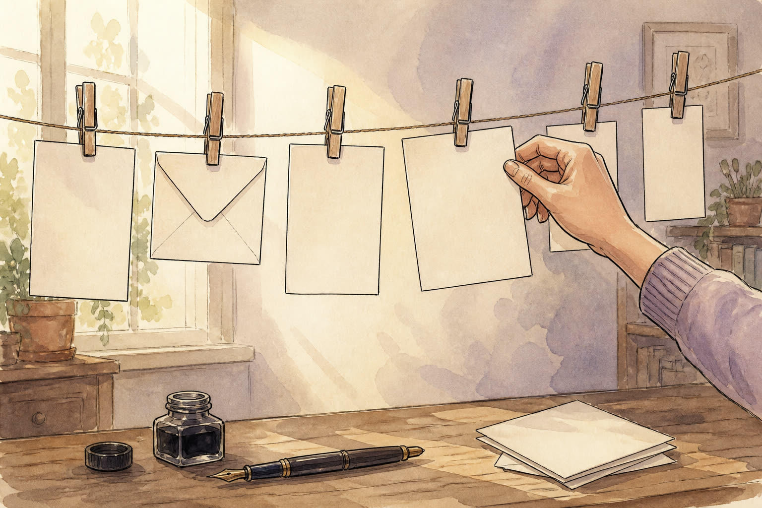 Croquis encre et aquarelle : corde à linge de cartes et d’enveloppes blanches, plume sur la table