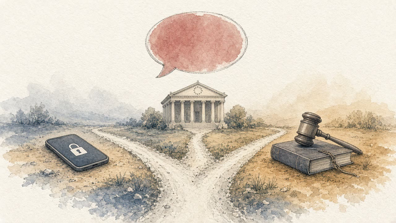 Illustration à l’encre et à l’aquarelle : une bulle de parole vide posée au centre d’un carrefour, d’où partent trois chemins. Le premier mène à un écran de téléphone, le deuxième à un bâtiment à colonnes surmonté d’un cercle d’étoiles, le troisième à un marteau de juge posé sur un livre. Tons bleu ardoise, ocre et gris chaud.