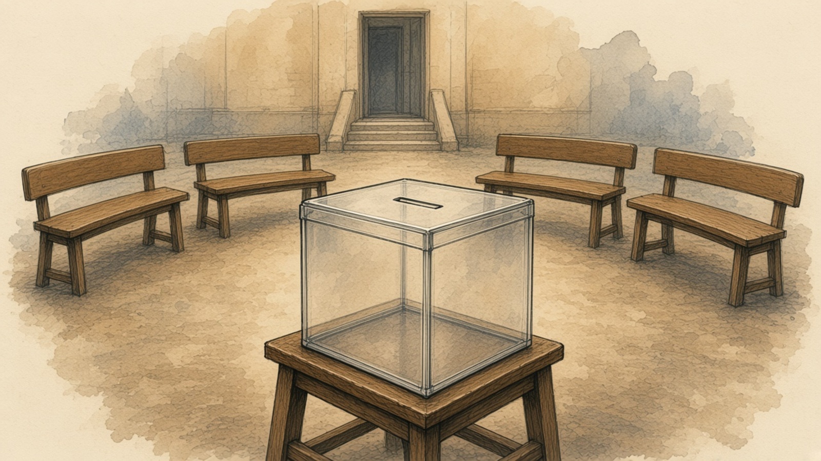 Croquis encre et aquarelle : porte d’école, hémicycle de bancs presque vides et urne transparente