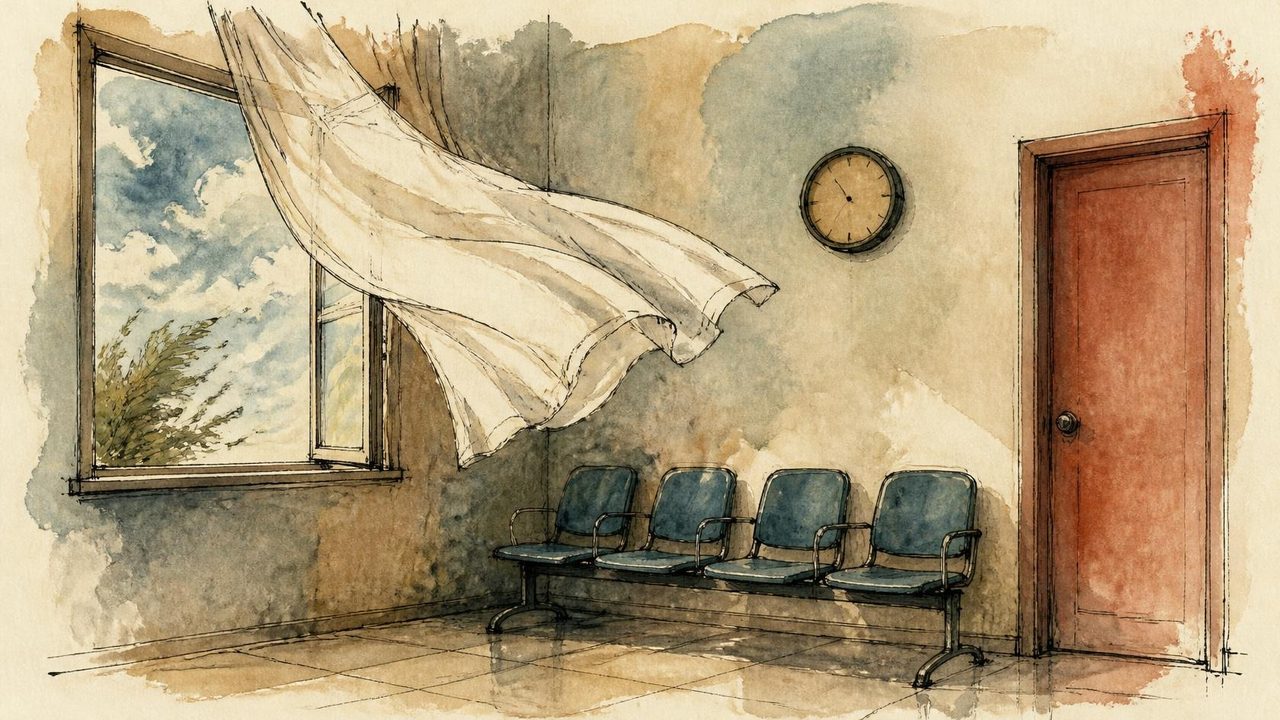 Illustration à l’encre et à l’aquarelle : une salle d’attente aux chaises vides, une fenêtre ouverte dont le rideau se gonfle sous le vent, une horloge murale et une porte fermée au fond.