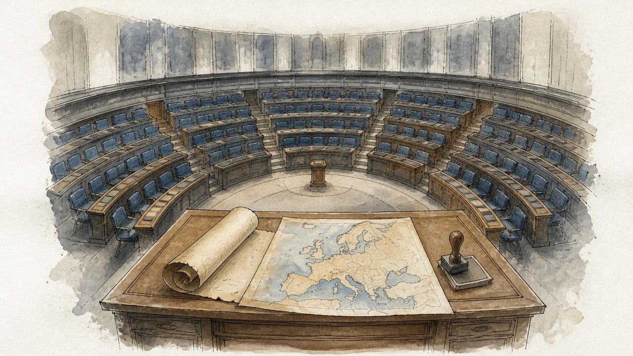 Illustration à l’encre et à l’aquarelle : un hémicycle vide aux sièges bleus, et au centre un pupitre portant une carte d’Europe dépliée, un parchemin roulé non scellé et un tampon sans encre.