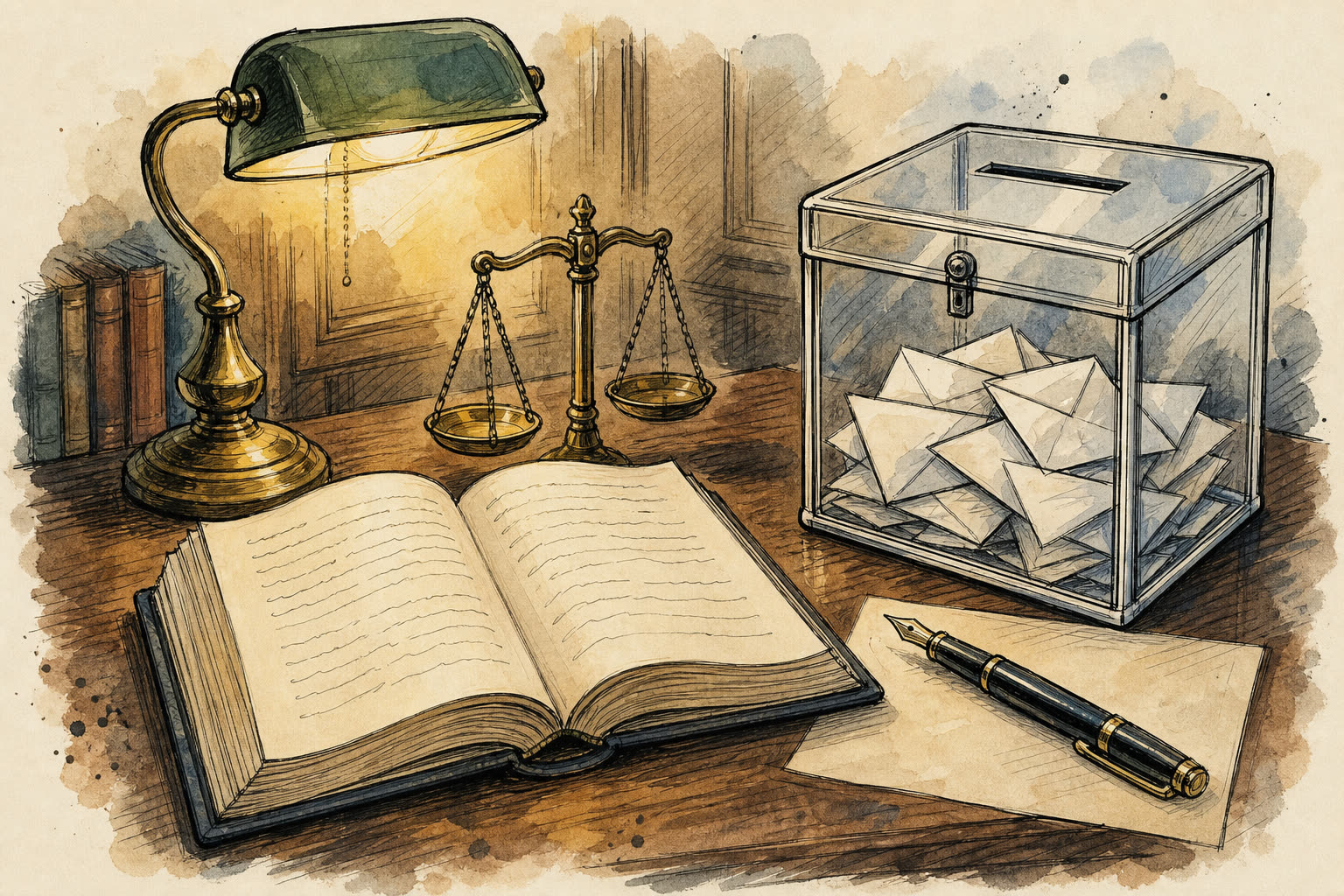 Croquis encre et aquarelle : bureau juridique, livre ouvert, balance et urne transparente