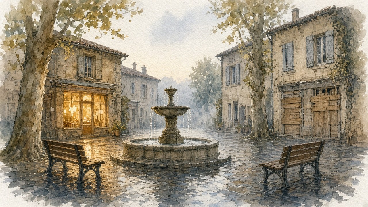 Aquarelle d'une place de village au petit matin, pavés mouillés, fontaine au centre, une vitrine éclairée à gauche, une devanture encore barricadée de planches à droite, et deux bancs vides de part et d'autre de la fontaine.