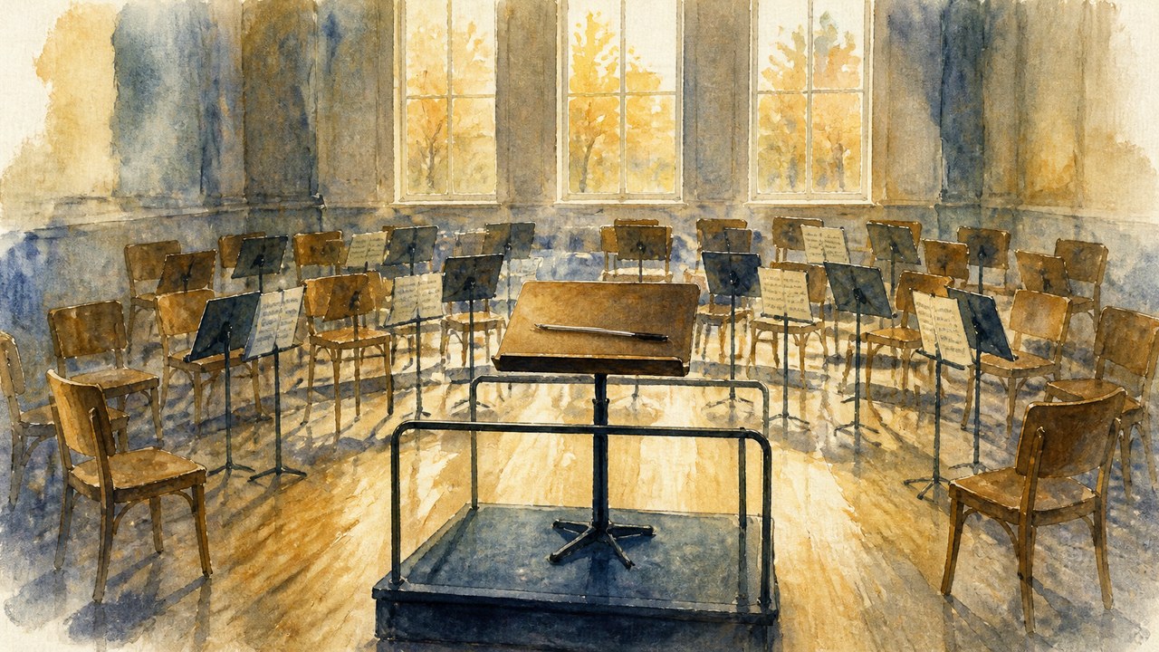Aquarelle d'une estrade de chef d'orchestre vide, une baguette posée sur le pupitre, face à des chaises de musiciens inoccupées et des partitions, sous une lumière d'automne.