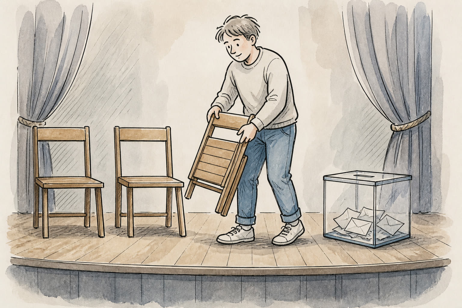 Croquis encre et aquarelle : trois chaises de tribune, l’une est repliée et mise de côté près d’une urne