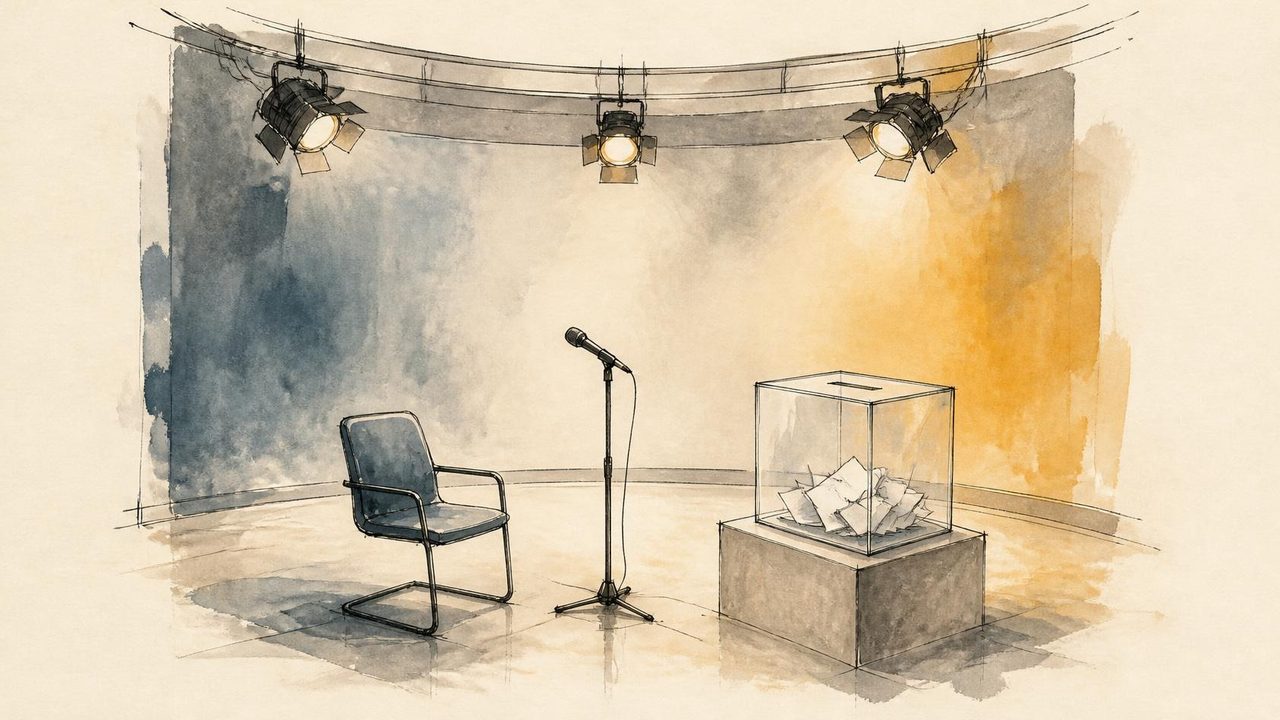 Illustration à l’encre et à l’aquarelle : un plateau de télévision vide sous trois projecteurs, une chaise vide et un micro sur pied face à une urne transparente.
