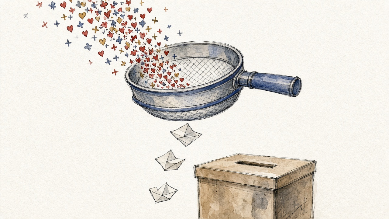 Illustration à l’encre et à l’aquarelle : un tamis à manche bleu retient des cœurs dans sa grille, des croix passent au travers, et trois enveloppes descendent vers une urne.