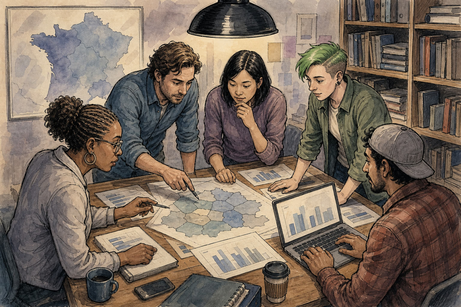 Croquis encre et aquarelle : rédaction open data autour d’une table de cartes et de graphiques