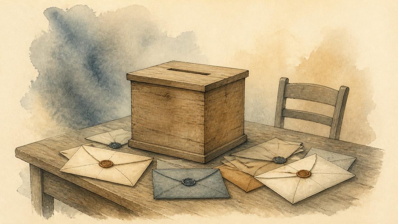 Illustration à l’encre et à l’aquarelle : une urne en bois sur une table, entourée de lettres cachetées à la cire restées fermées, et une chaise vide en retrait.