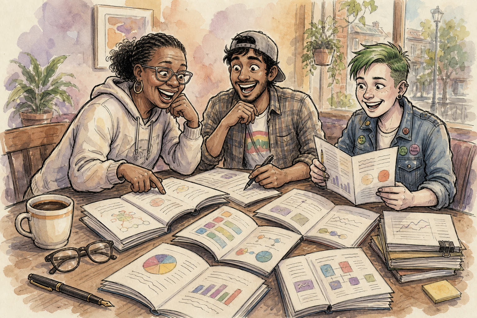 Croquis encre et aquarelle : livrets ouverts et brochures sur une table de café