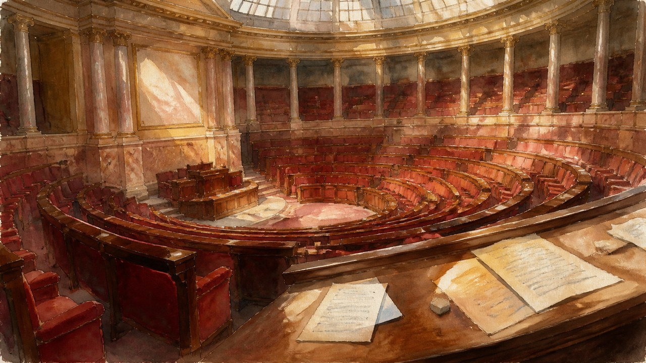 Aquarelle d'un hémicycle presque vide : rangées de sièges rouges inoccupés sous une lumière d'après-midi, quelques feuilles de papier oubliées sur les pupitres.