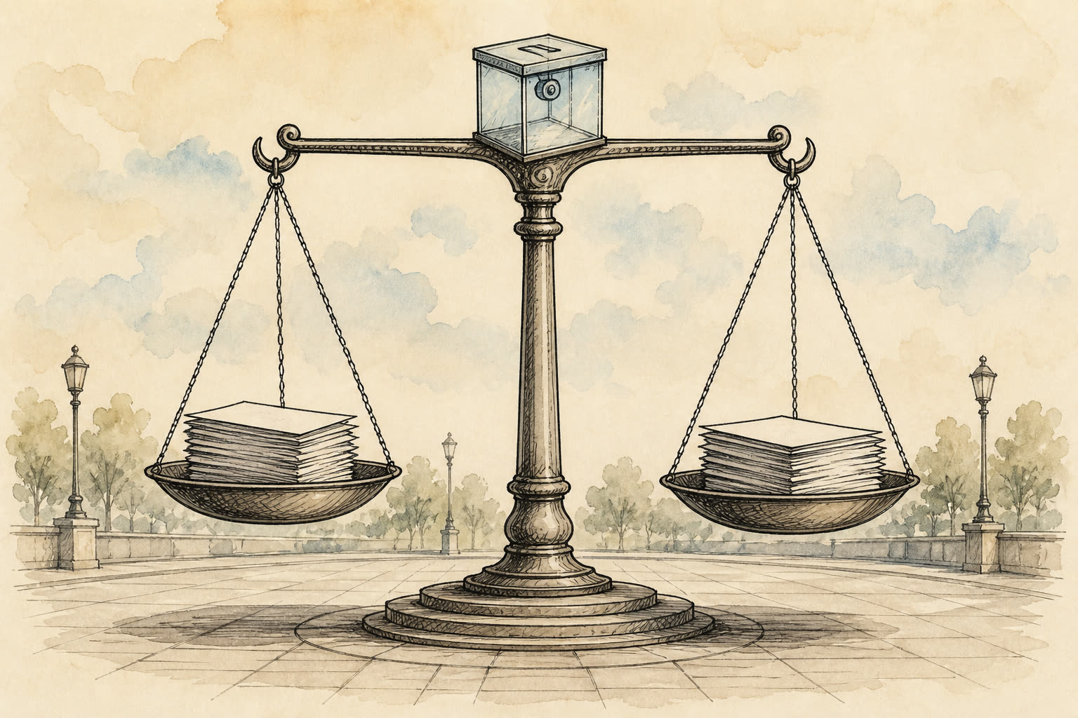 Croquis encre et aquarelle : balance à plateaux égaux surmontée d’une urne transparente