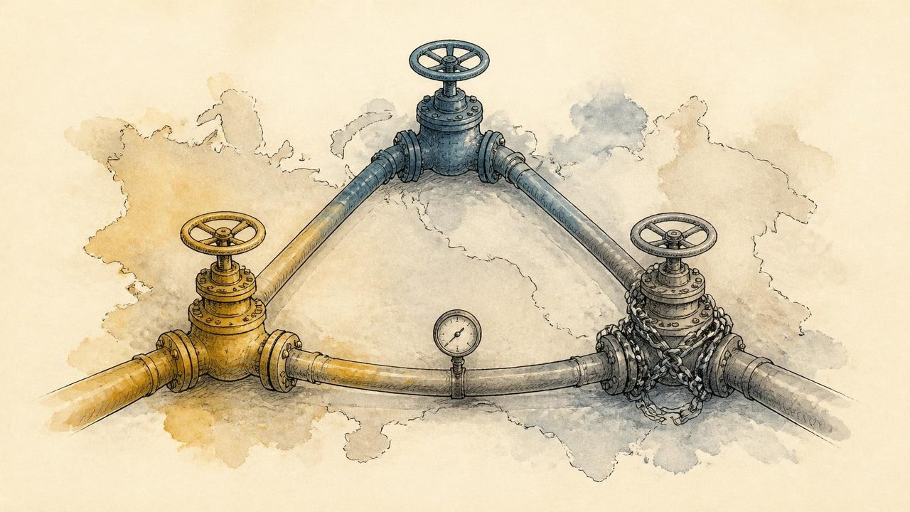 Illustration à l’encre et à l’aquarelle : trois vannes reliées par des gazoducs en triangle sur une carte esquissée, l’une entravée par une chaîne, un manomètre au milieu.