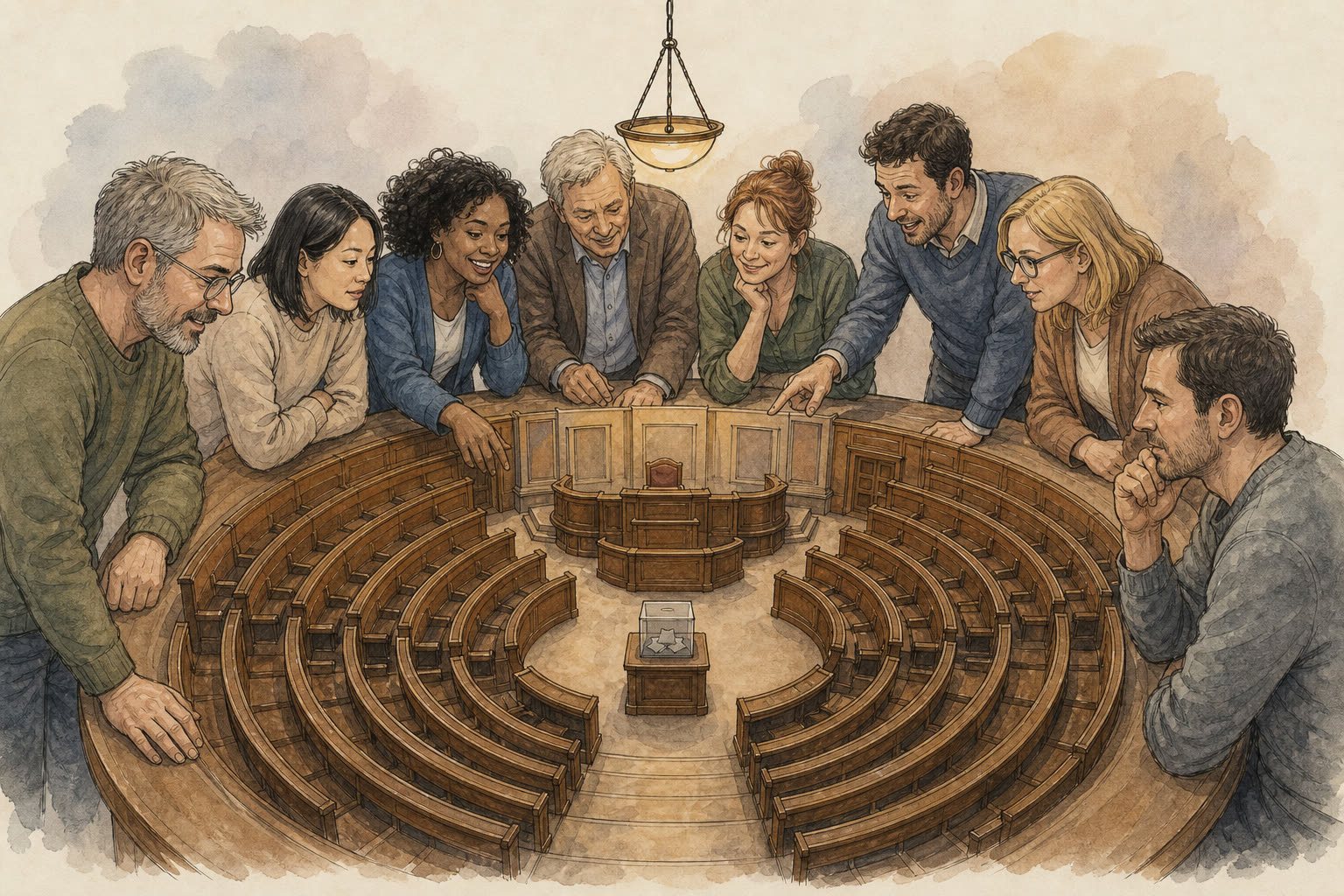Croquis encre et aquarelle : citoyens autour d’une maquette en bois d’hémicycle