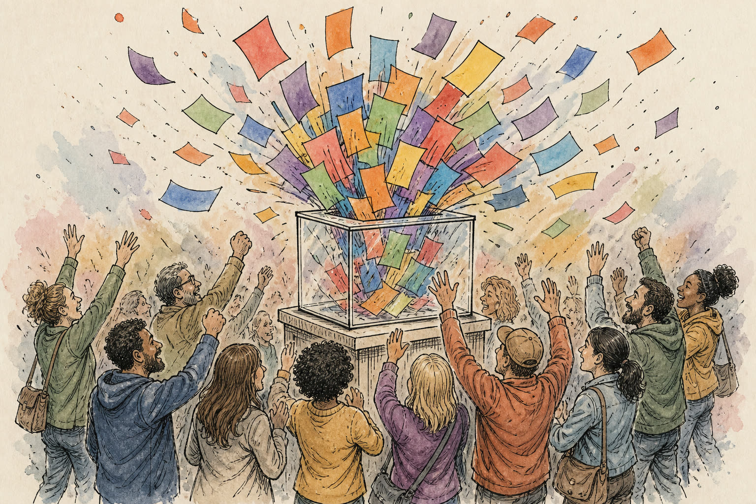 Croquis encre et aquarelle : urne d’où s’échappe une explosion de bulletins colorés, foule en liesse